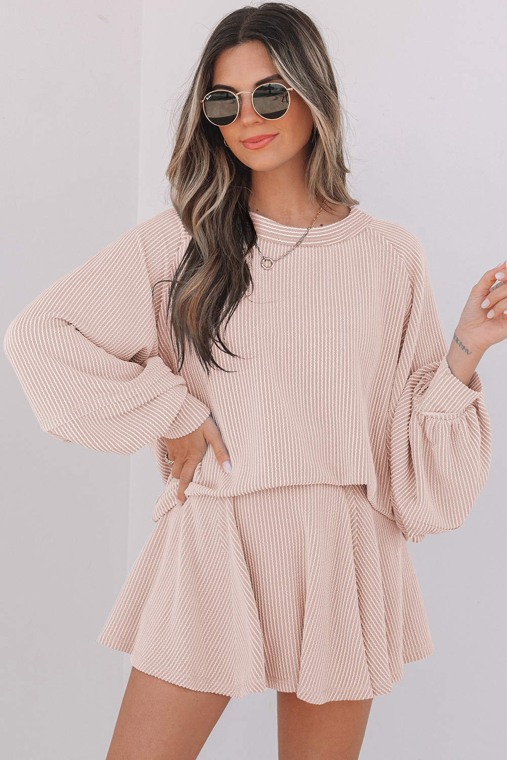 Jet Stream Corded Lantern Sleeve Top High Waist Ruffled Mini Skort Set - loveforevers