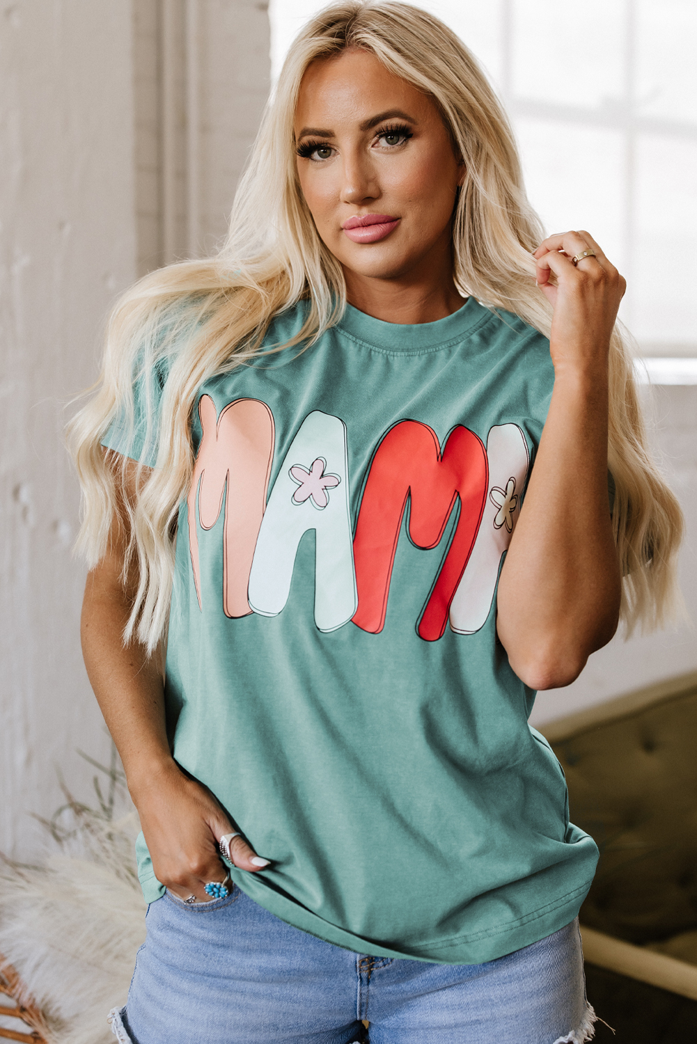 Sea Green MAMA Printed Mineral Wash Crewneck T Shirt - loveforevers