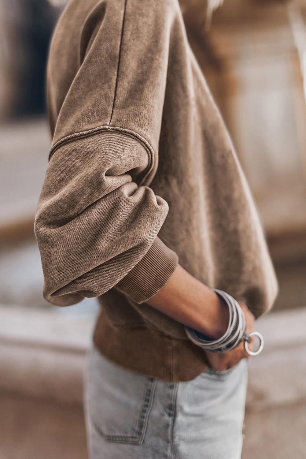 Brown Drop Shoulder Crew Neck Pullover Sweatshirt - loveforevers