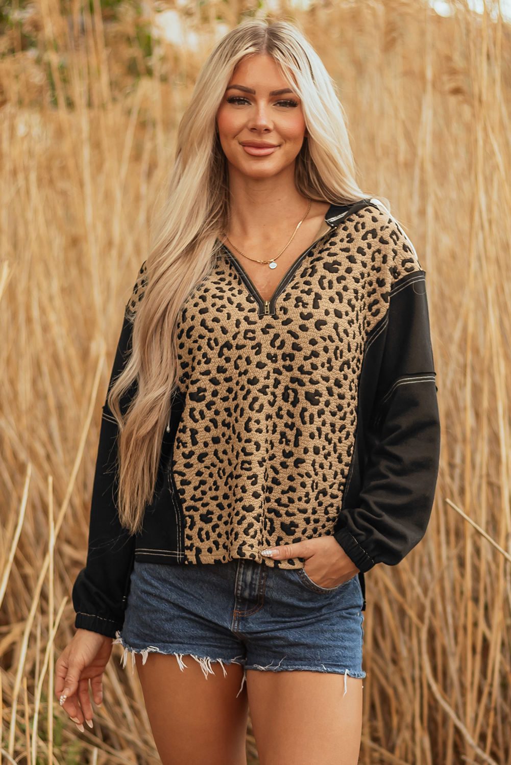 Brown Leopard Patchwork Contrast Stitching Knotted Cuff Quarter Zip Hoodie - loveforevers