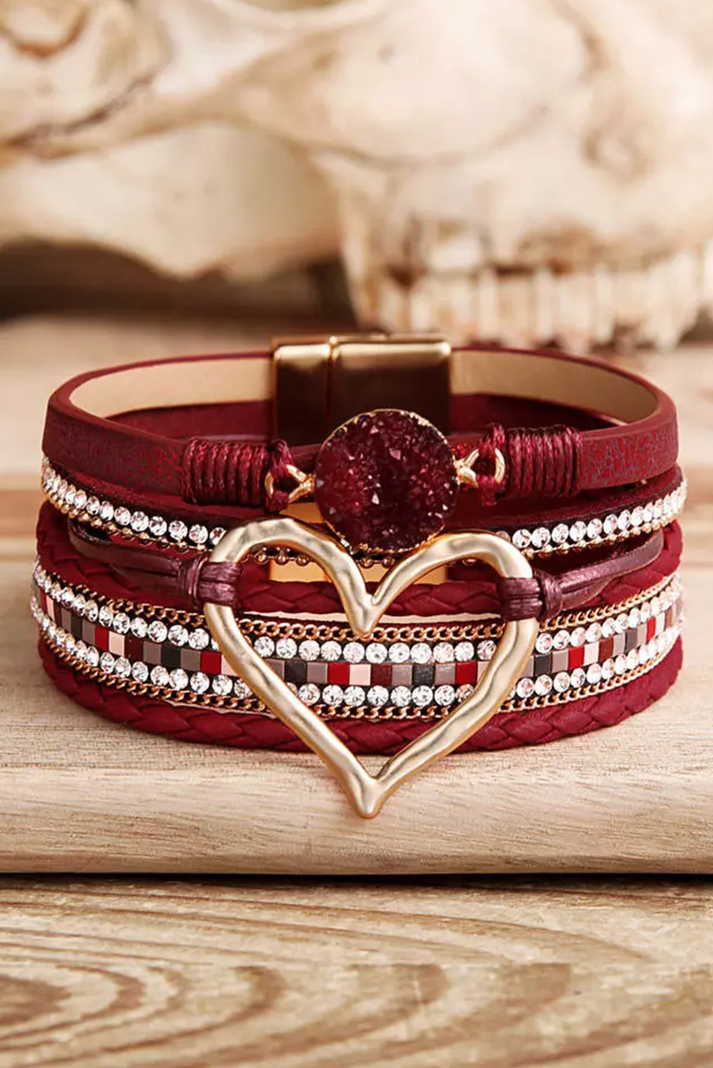 Fiery Red Valentine Rhinestone Heart Layered Bracelet - loveforevers