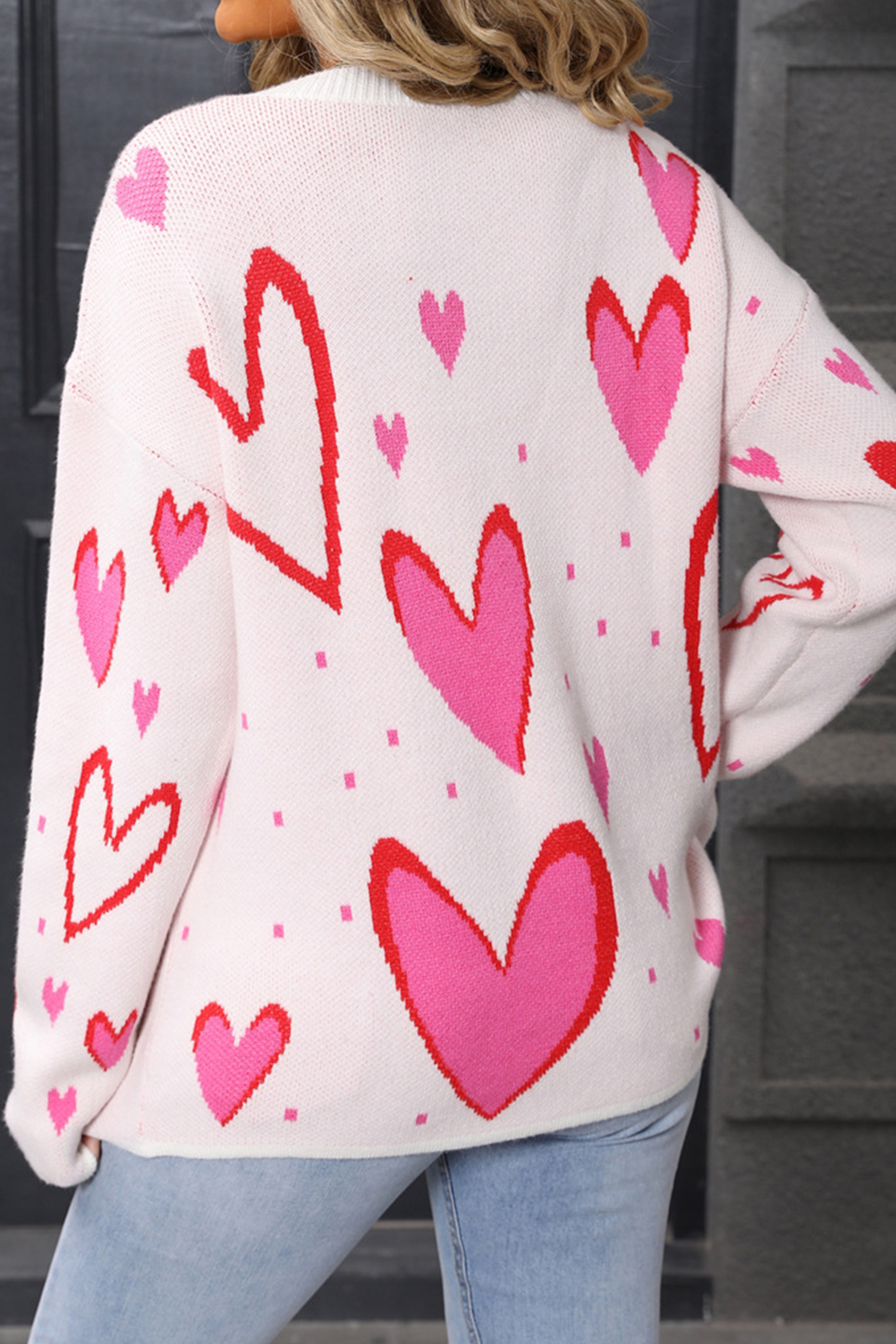 White Splendid Heart Print Valentines Day Sweater - loveforevers