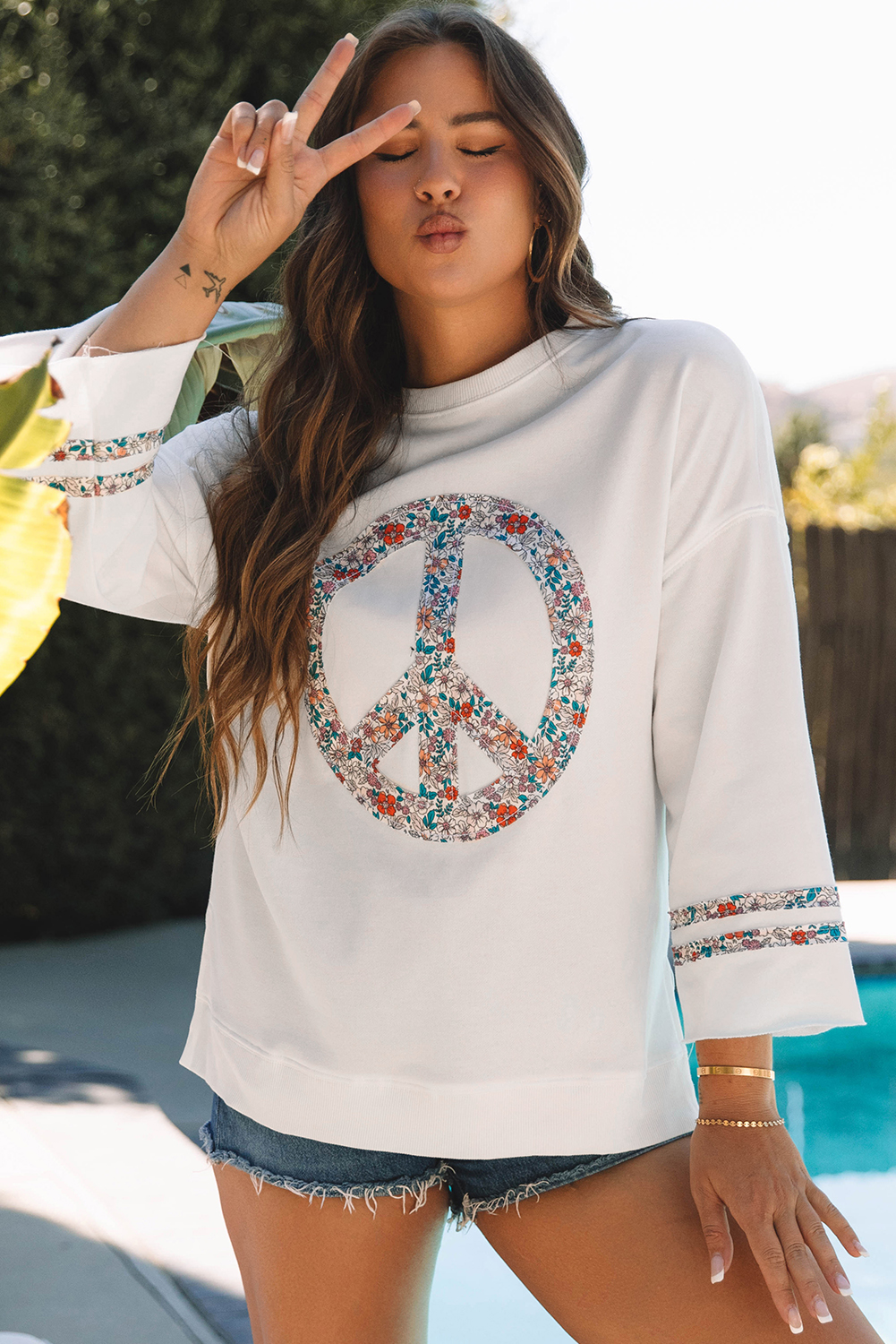 Beige Flower Patch Graphic Exposed Seam Wide Sleeve Top - loveforevers