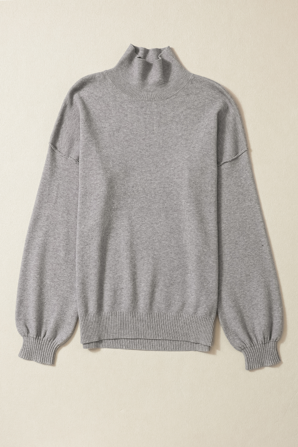 Gray Turtleneck Drop Shoulder Bubble Sleeve Knit Sweater - loveforevers