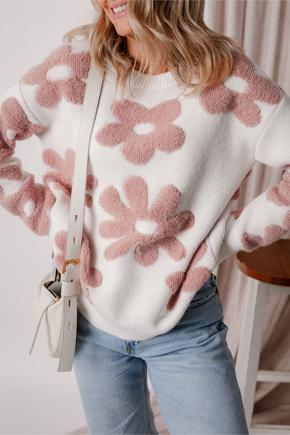 White Textured Flower Drop Shoulder Loose Sweater - loveforevers