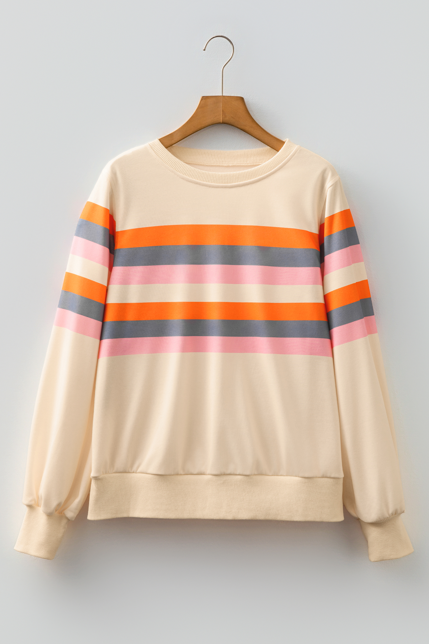 Beige Stripe Puff Sleeve Casual Pullover Sweatshirt - loveforevers