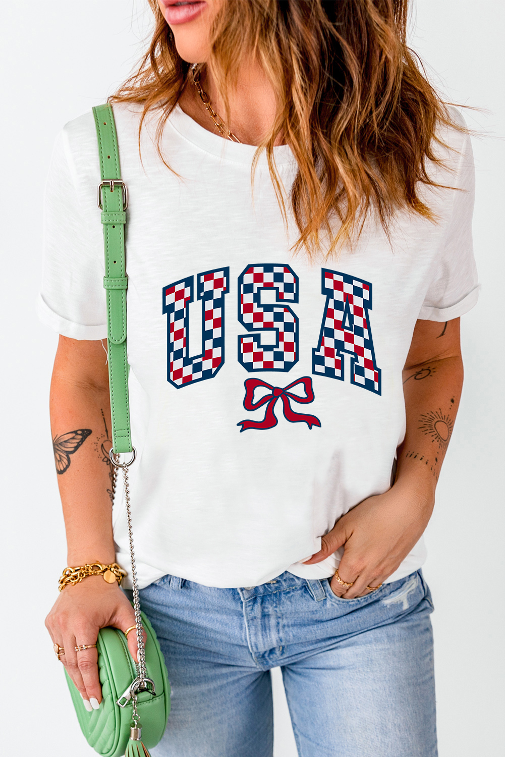 White Checkered USA Graphic Casual Tee - loveforevers