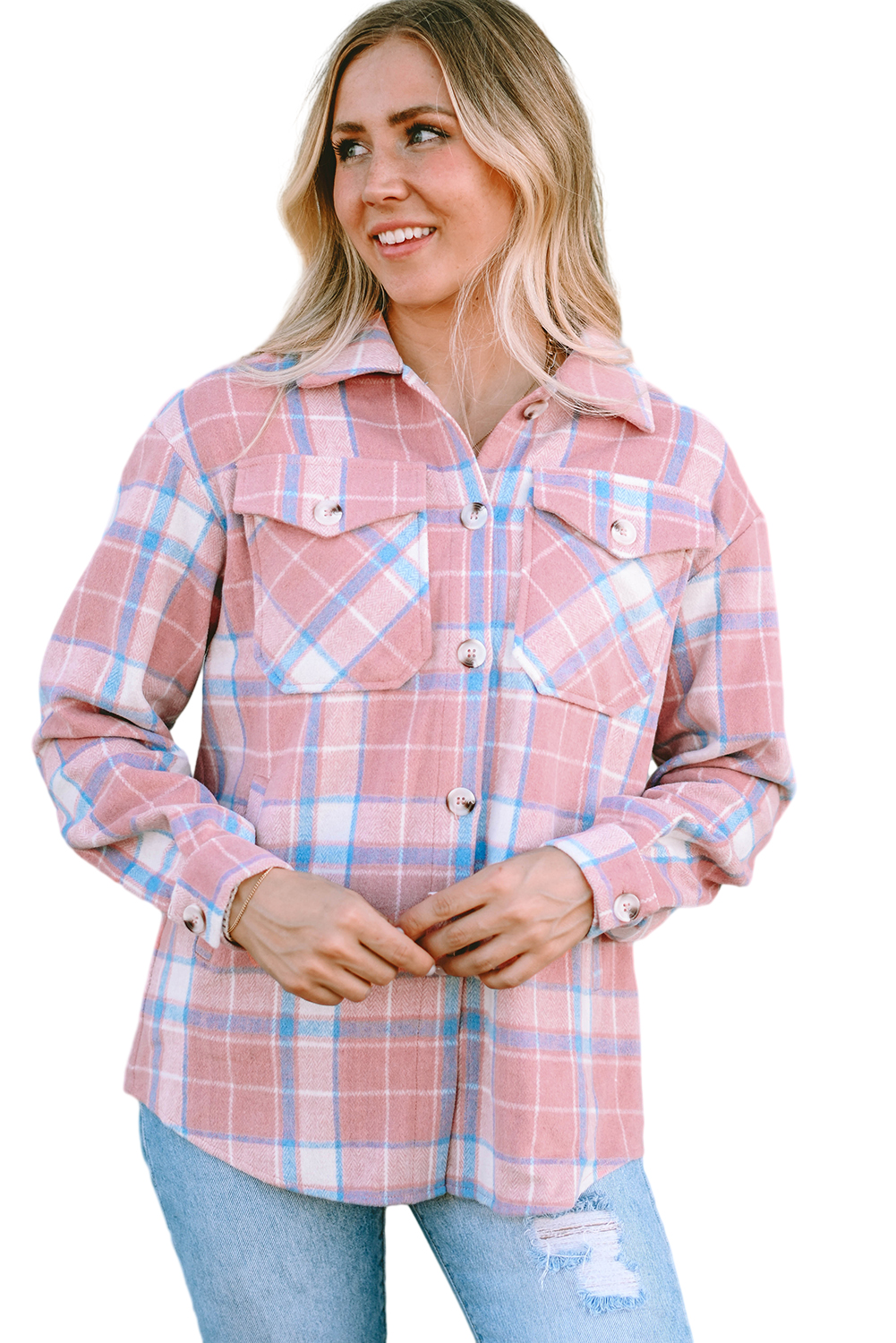 Pink Plaid Flap Pocket Flannel Shacket - loveforevers