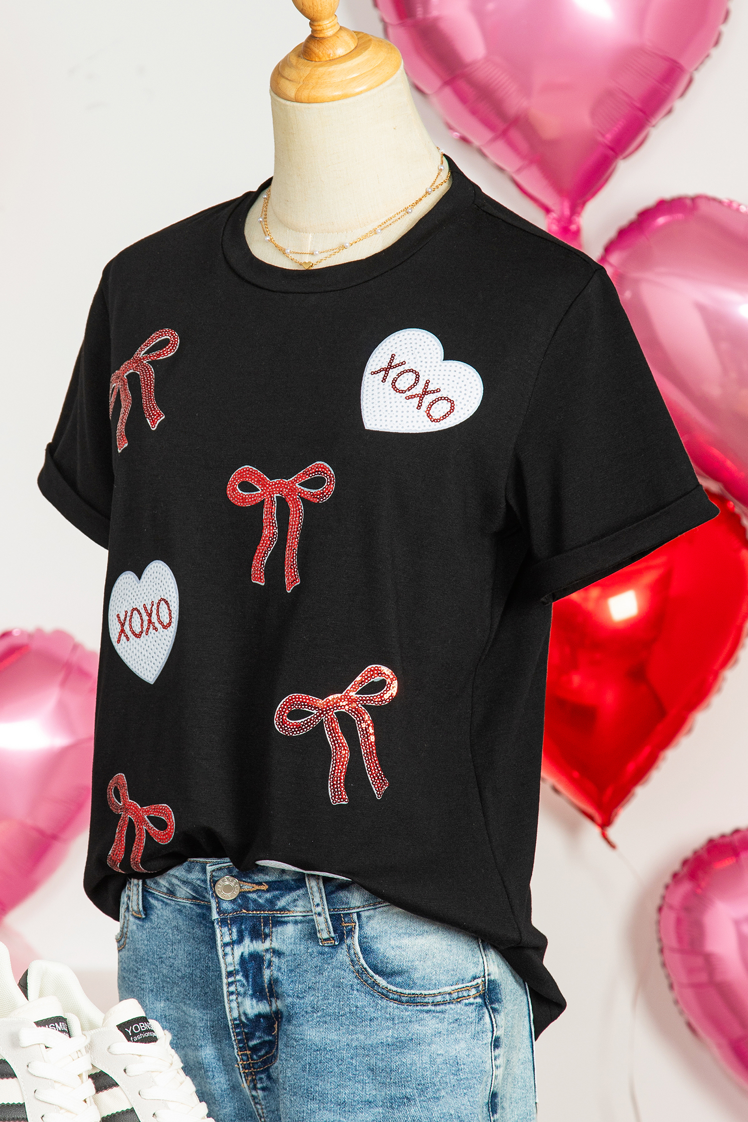 Black Valentines Bow XOXO Heart Sequin Patched Loose T Shirt - loveforevers