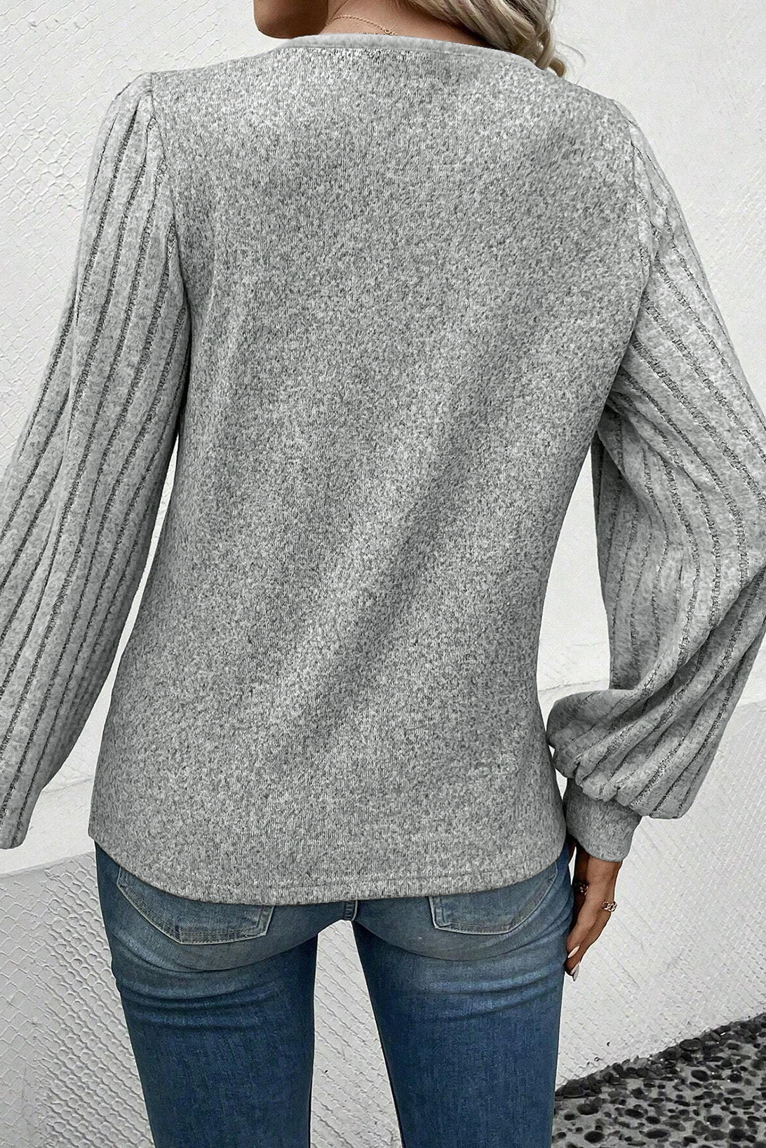 Light Grey Buttoned V Neck Ribbed Puff Sleeve Top - loveforevers