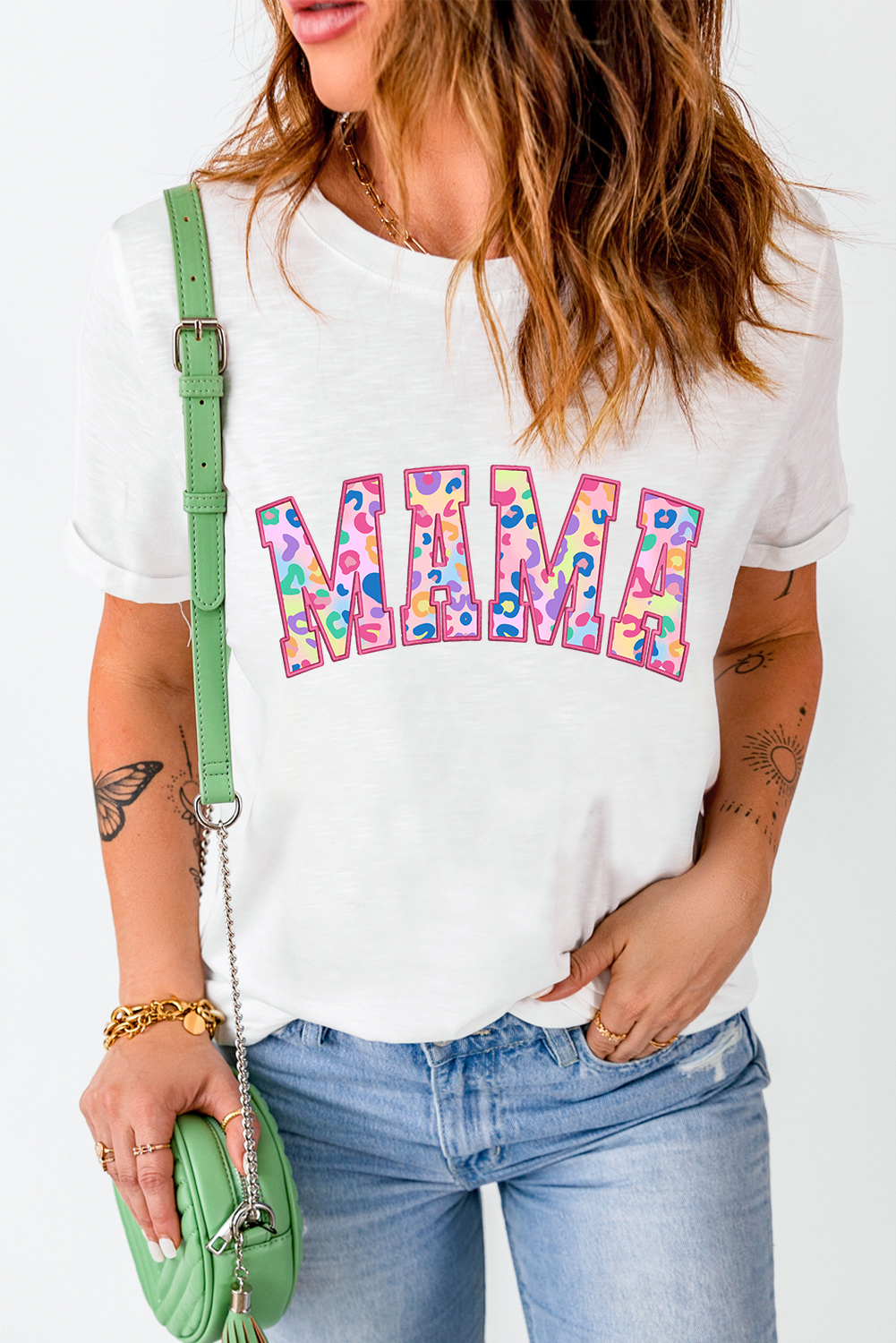 White MAMA Leopard Embroidered Crew Neck Graphic Tee - loveforevers