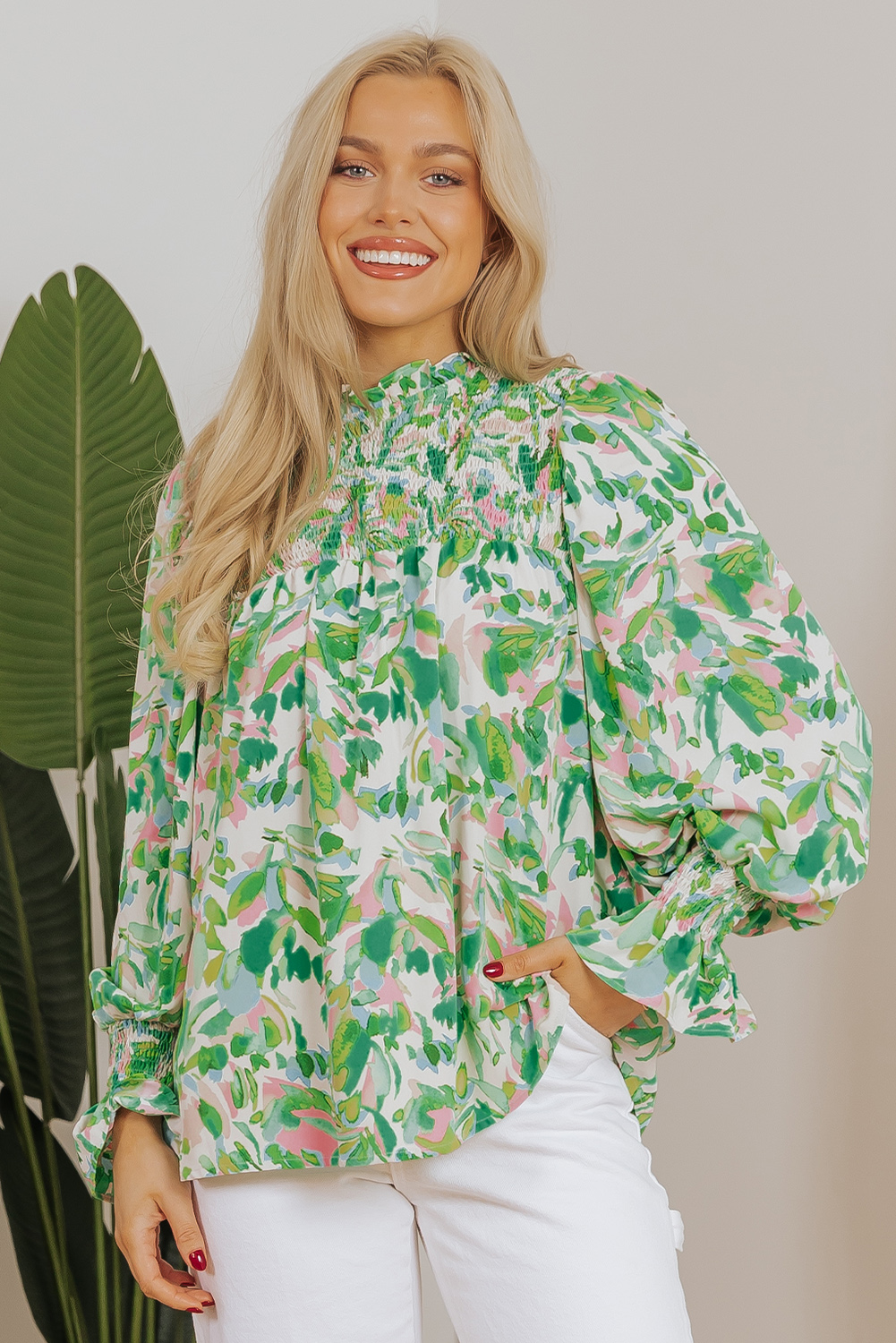 Green Leafy Printed Flounce Sleeve Shirred Mock Neck Blouse - loveforevers