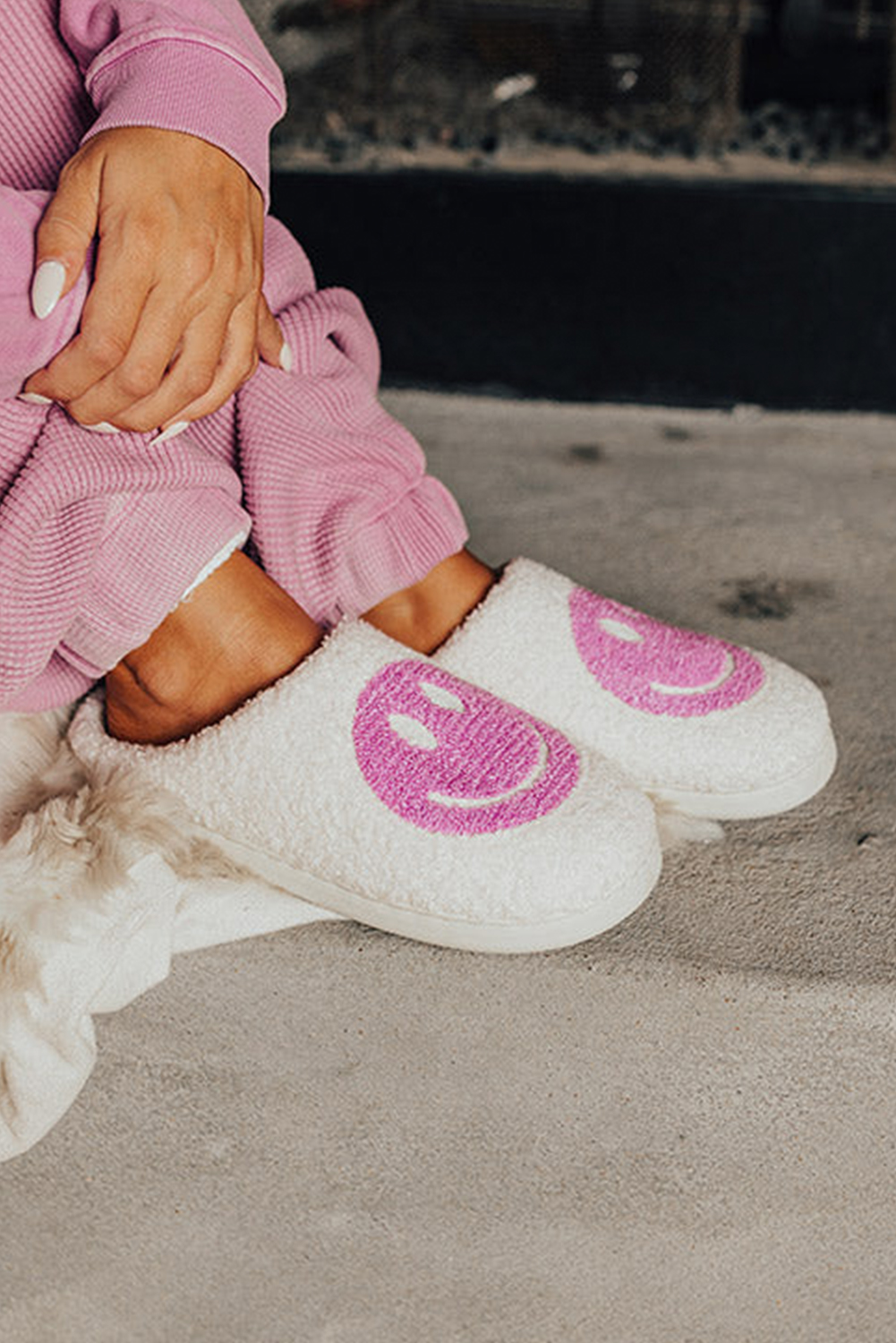 Pink Smile Face Print Non-slip Plush Slippers - loveforevers