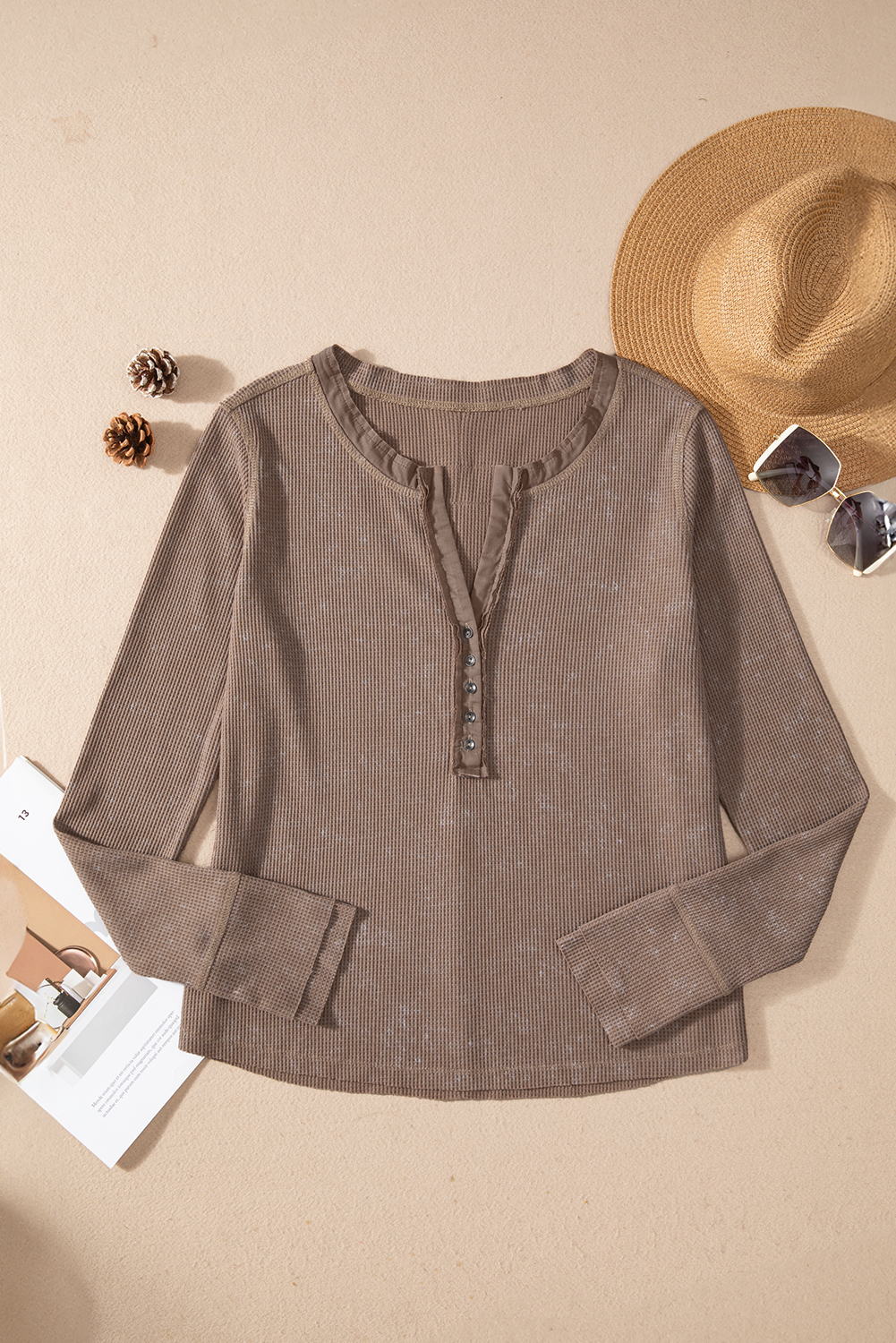 Smoke Green Acid Wash Waffle Knit Buttoned Neckline Long Sleeve Top - loveforevers