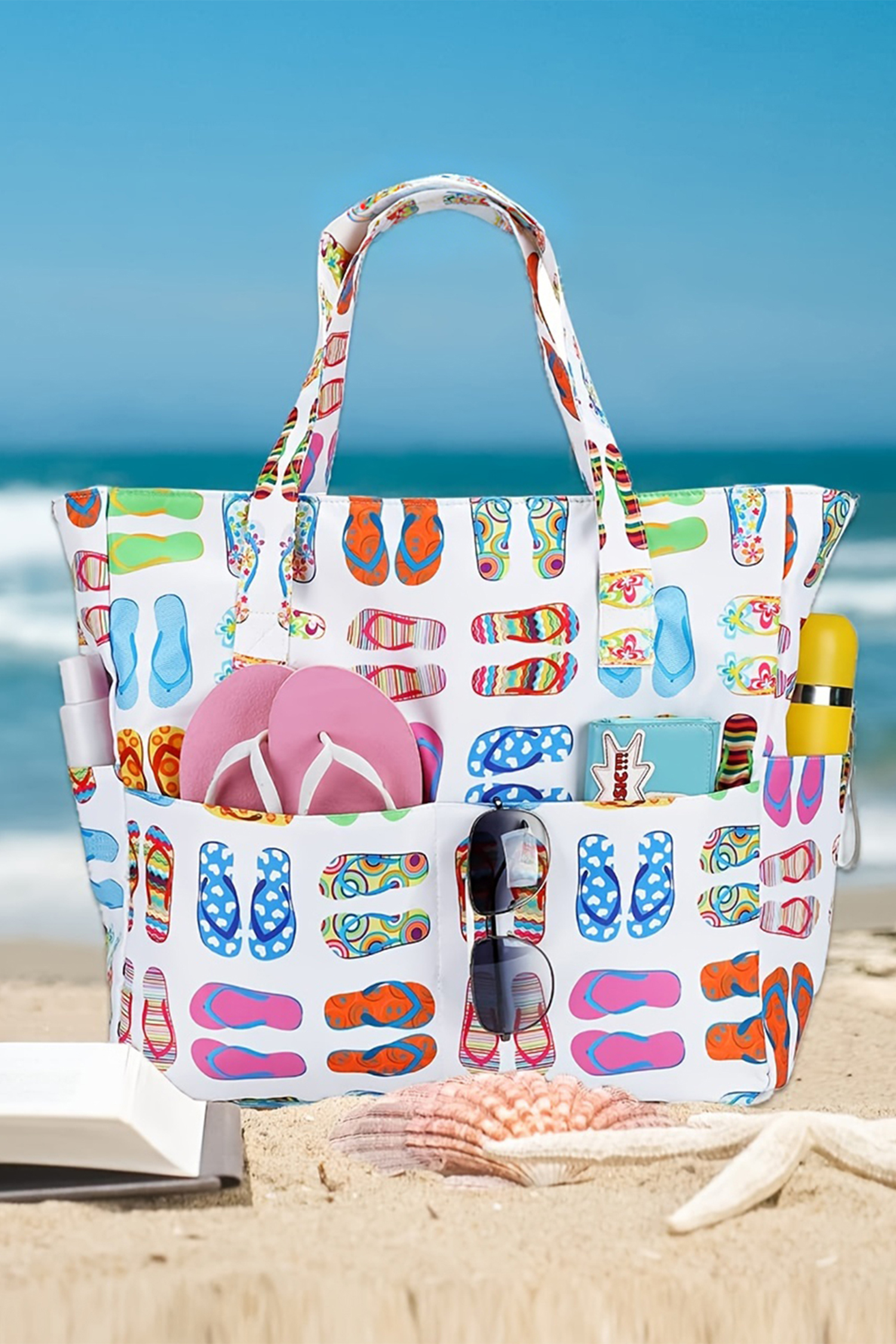 White Waterproof Slippers Pattern Beach Tote Bag - loveforevers