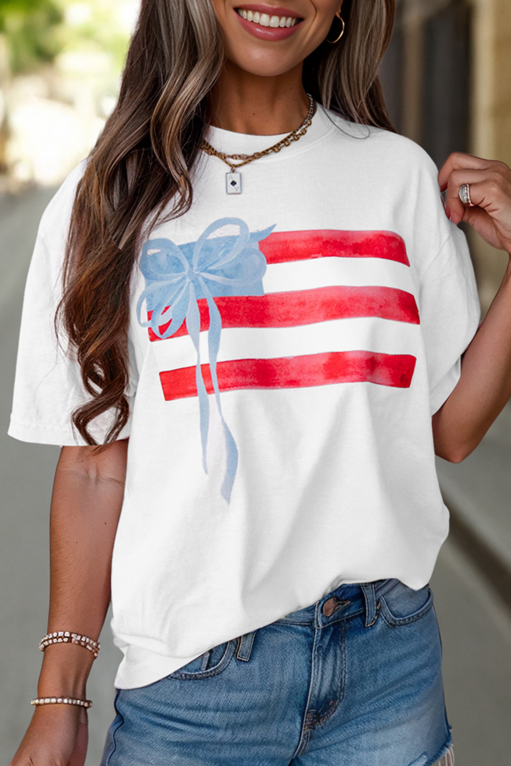 Myosotis Flag Bow Graphic Crewneck Tee - loveforevers