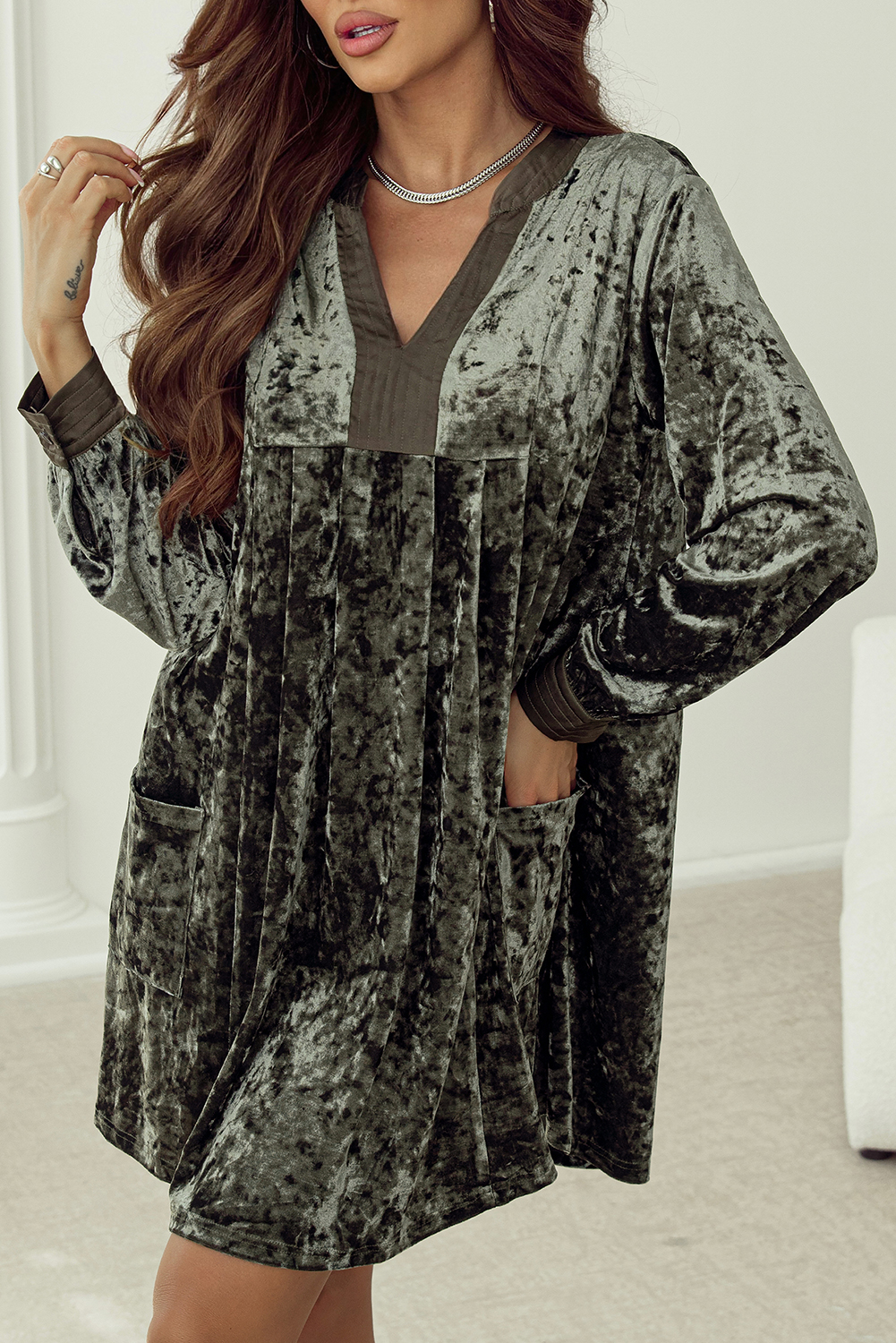 Jungle Green Velvet Long Sleeve V Neck Loose Dress with Pockets - loveforevers