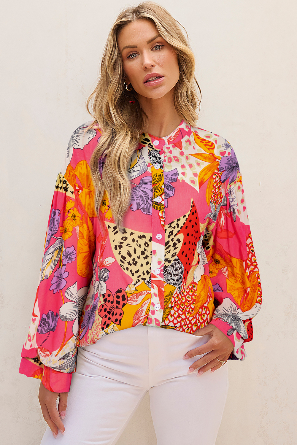 Red Abstract Floral Print Buttoned Ruffled Bubble Sleeve Shirt - loveforevers