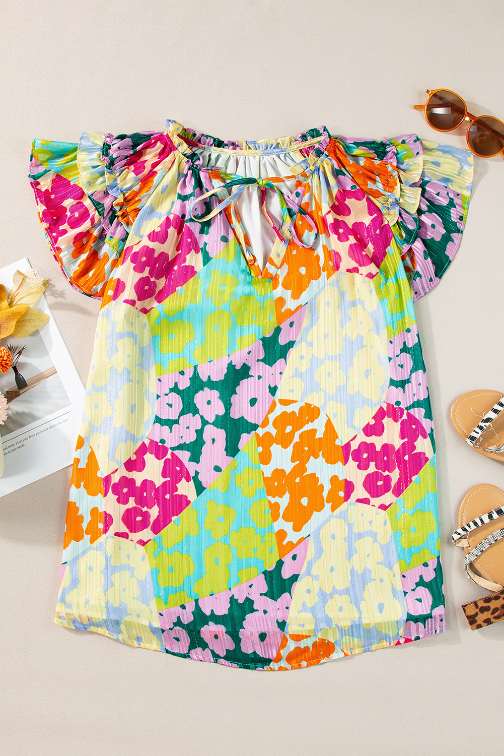 Multicolour Leopard Flutter Sleeve V Neck Crinkled Blouse - loveforevers