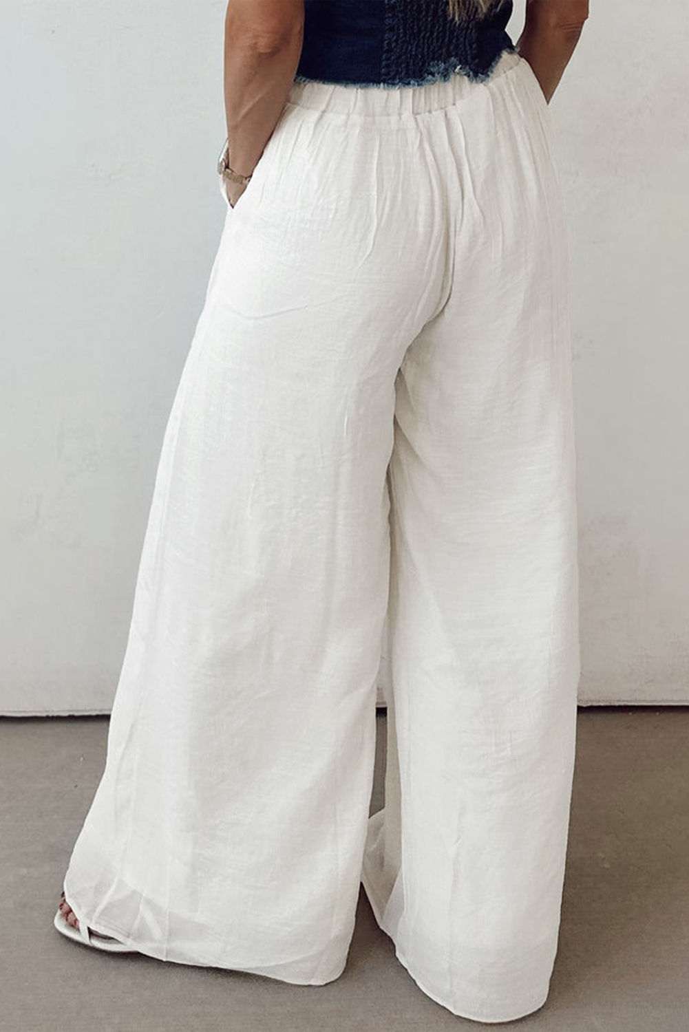 White Solid Drop Waist Pleated Wide Leg Casual Pants - loveforevers