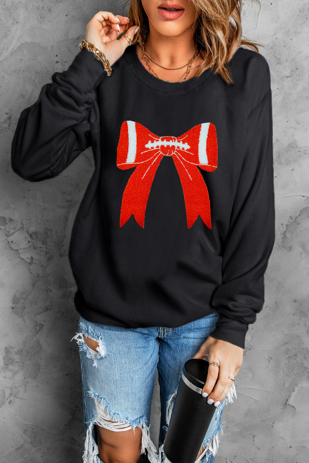 Black Game Day Chenille Bow Patched Drop Shoulder Sweatshirt - loveforevers