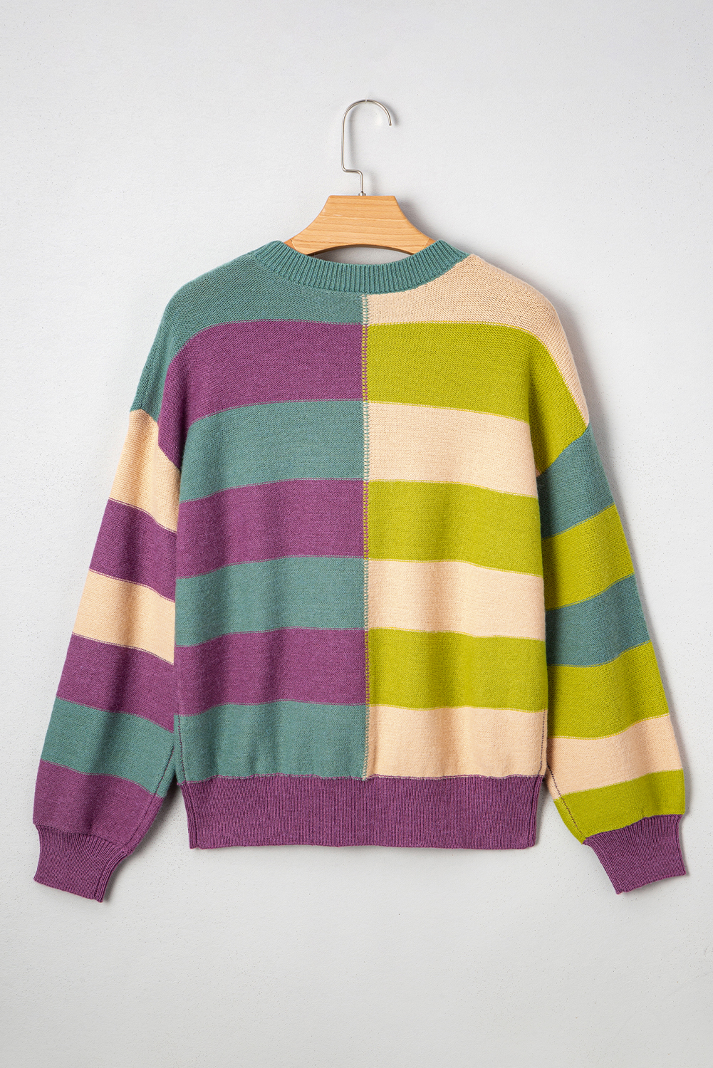 Green Stripe Drop Shoulder Ribbed Edge Casual Sweater - loveforevers