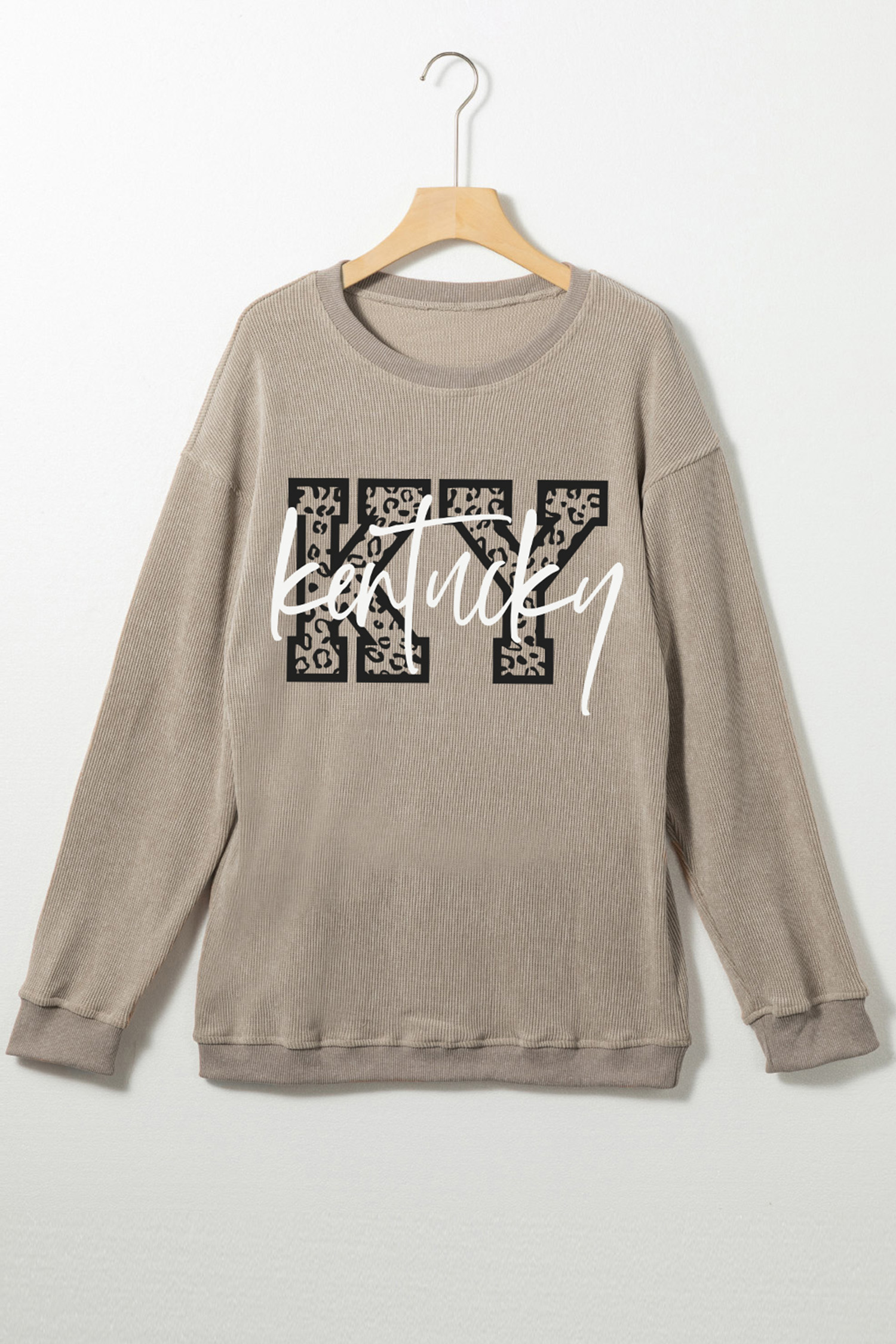 Khaki Kentucky KY Leopard Lettering Ribbed Baggy Sweatshirt - loveforevers
