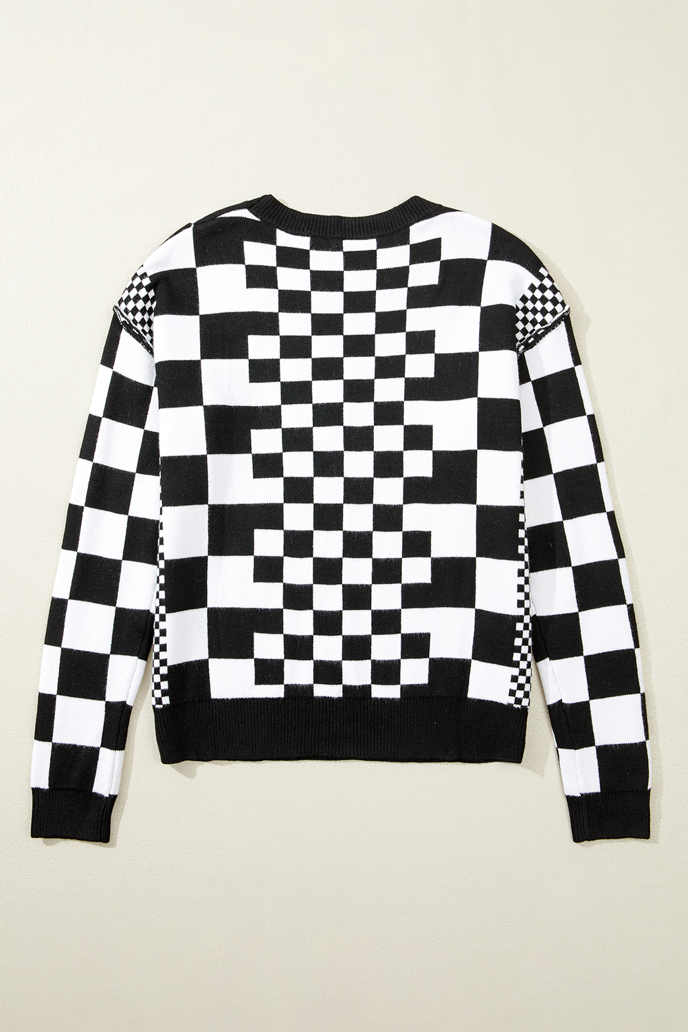 Khaki Checkered Print Drop Shoulder Round Neck Sweater - loveforevers