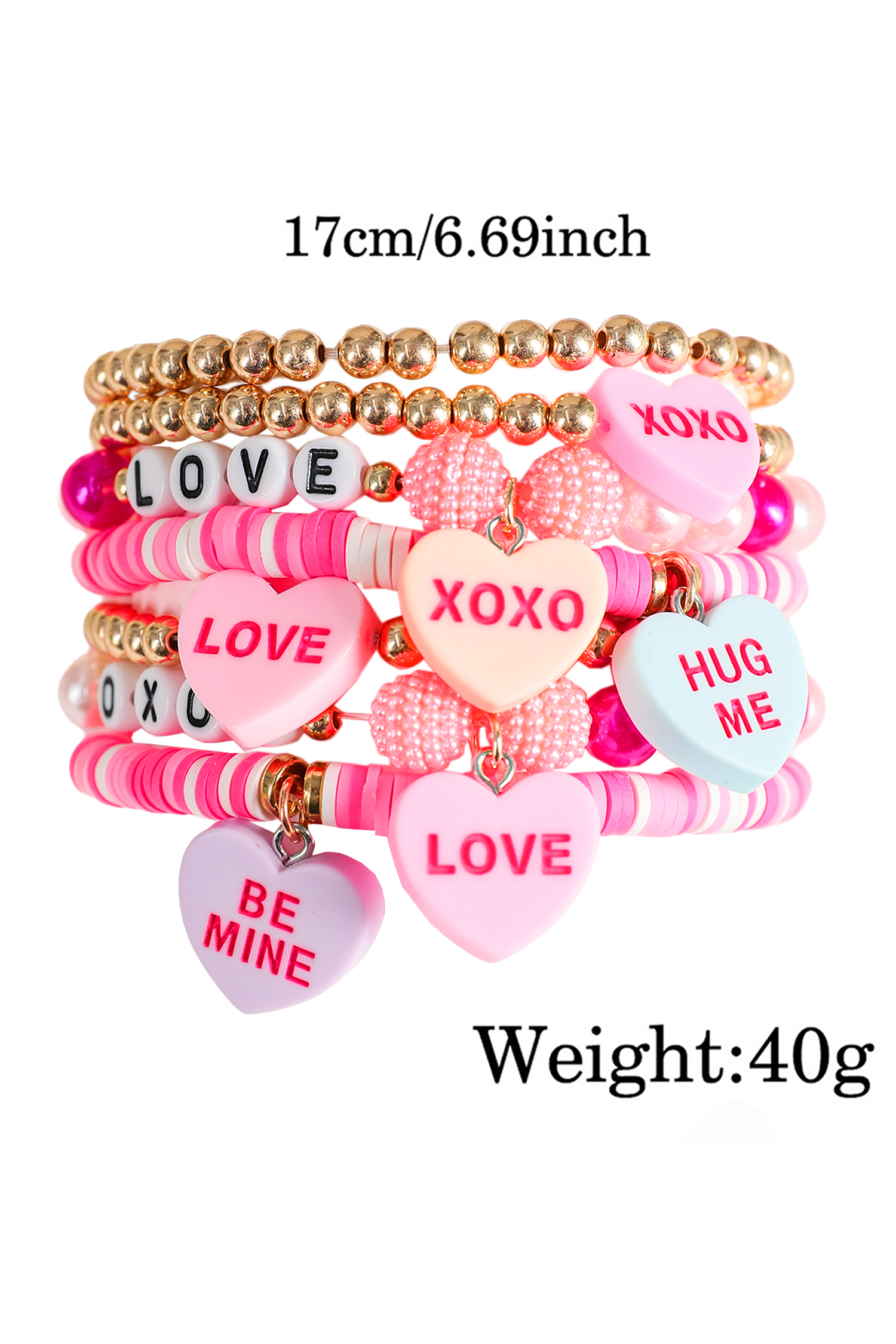 Bonbon Valentine Heart Pendant Beaded Elastic Bracelet Set - loveforevers