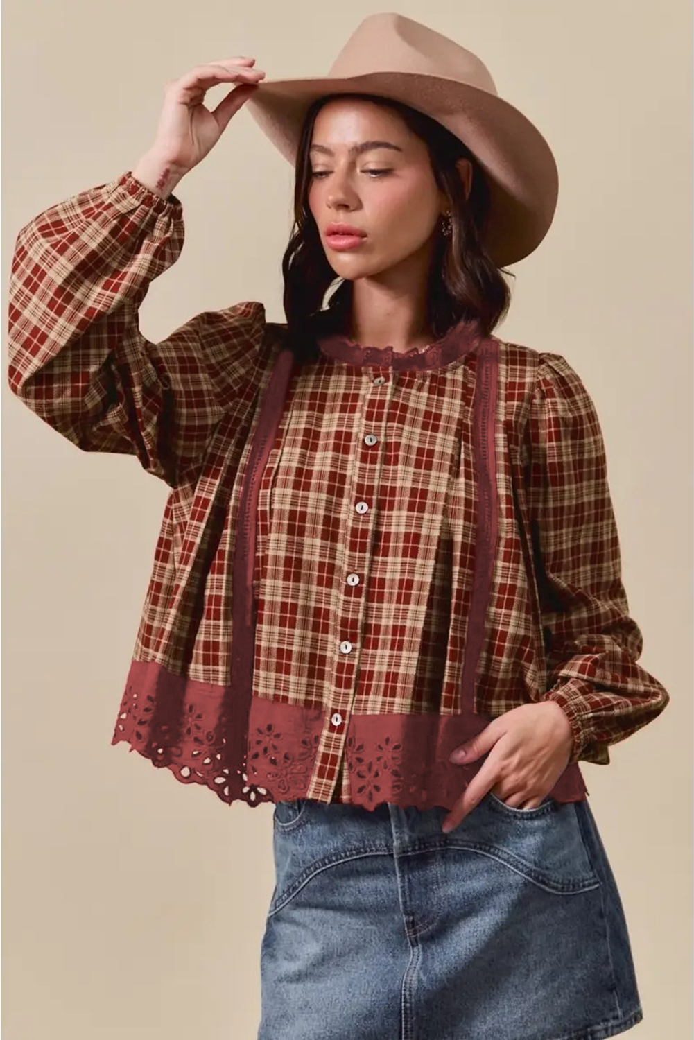 Red Dahlia Plaid Eyelet Lace Trim Button Down Loose Long Sleeve Shirt - loveforevers