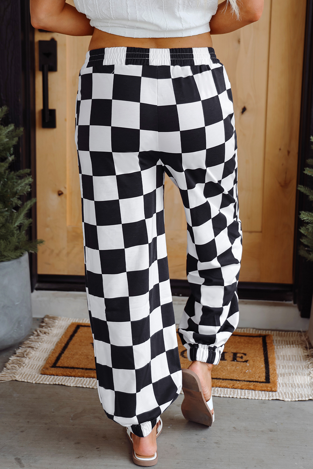Black 2-Tone Checked Print High Waist Wide Leg Pants - loveforevers