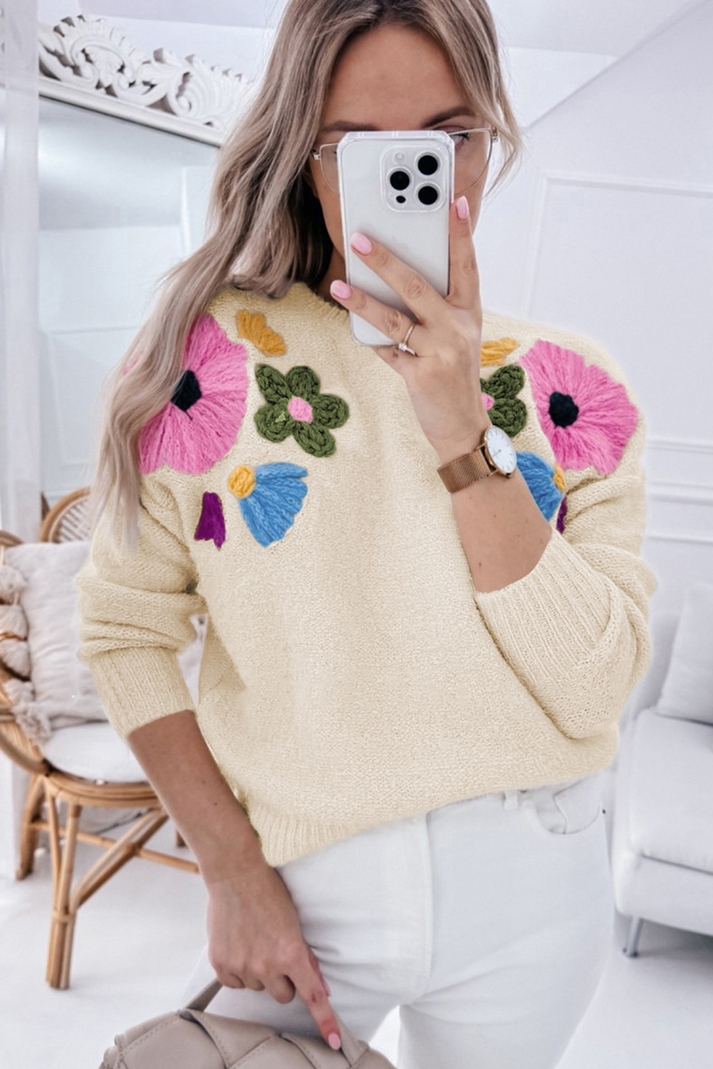 Pink Knitted Flower Pattern Ribbed Edge Sweater - loveforevers
