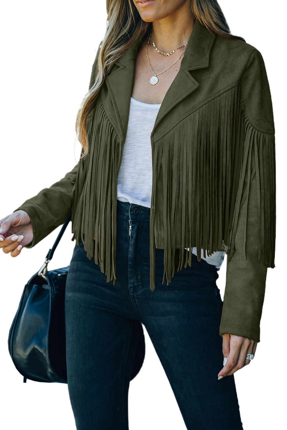 Gray Cropped Fringe Faux Suede Jacket - loveforevers