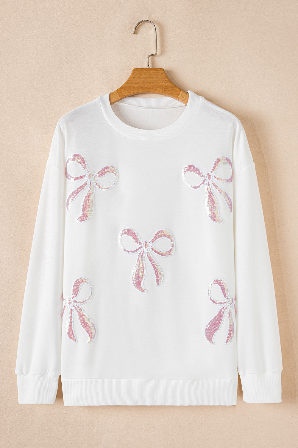 Beige Bow Valentine Drop Shoulder Loose Sweatshirt - loveforevers