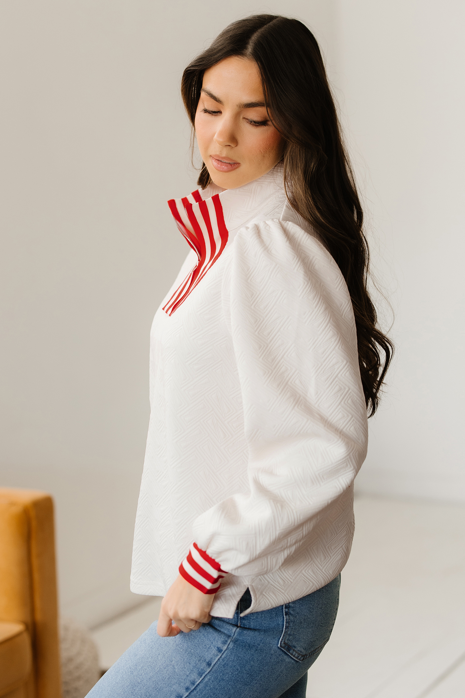 White Textured Knit Contrast Striped Accent Zipped Collar Pullover Top - loveforevers