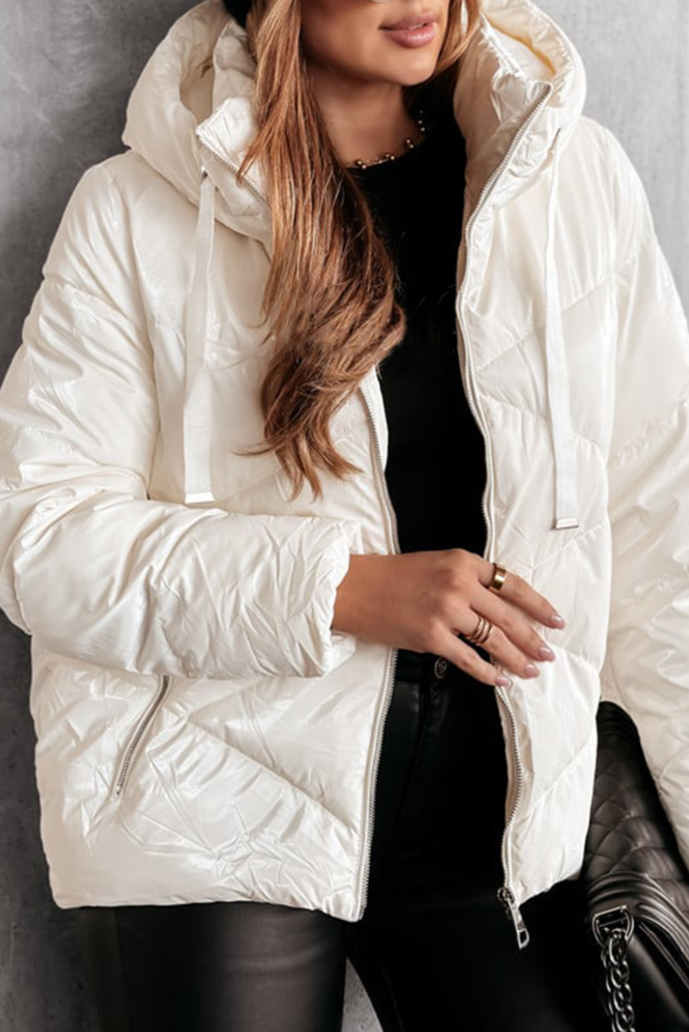 White Solid Quilted Hooded Zip Up Puffer Coat - loveforevers