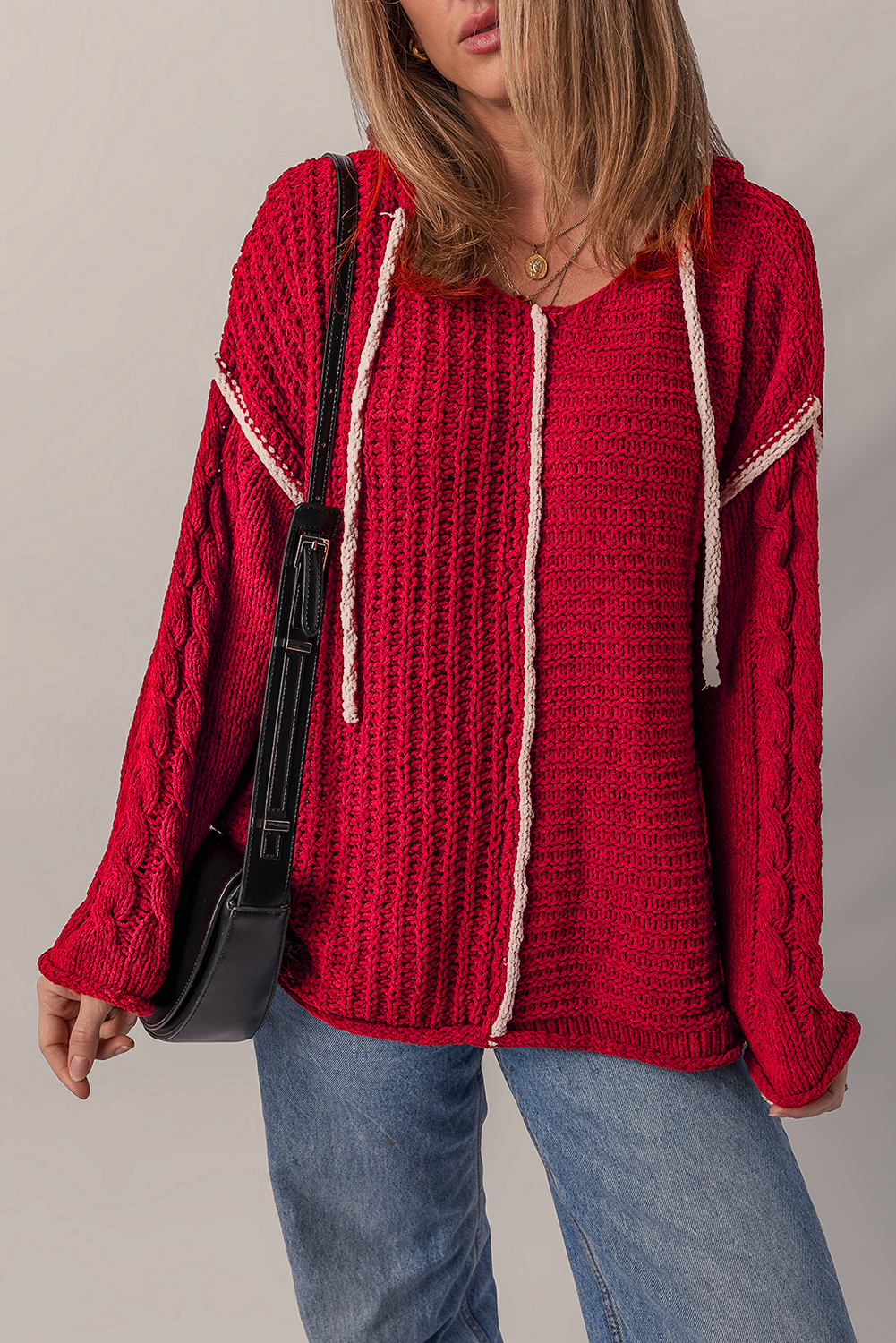 Racing Red Color Contrast Trim Textured Knit Drawstring Hooded Sweater - loveforevers