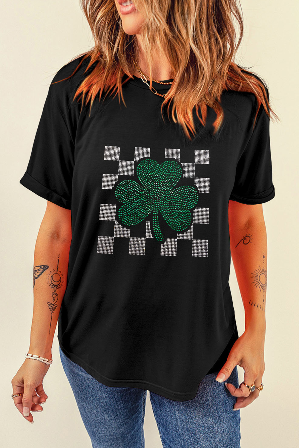 Black Clover Checkered Rhinestone Crew Neck T Shirt - loveforevers