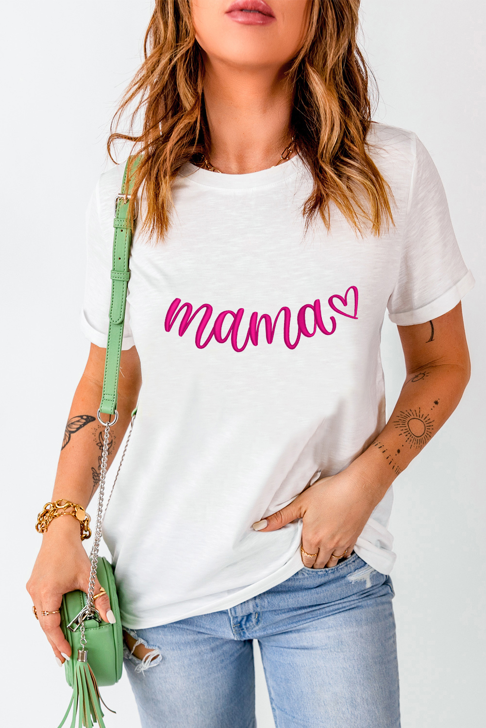 White mama Heart Embroidered Mothers Day T Shirt - loveforevers