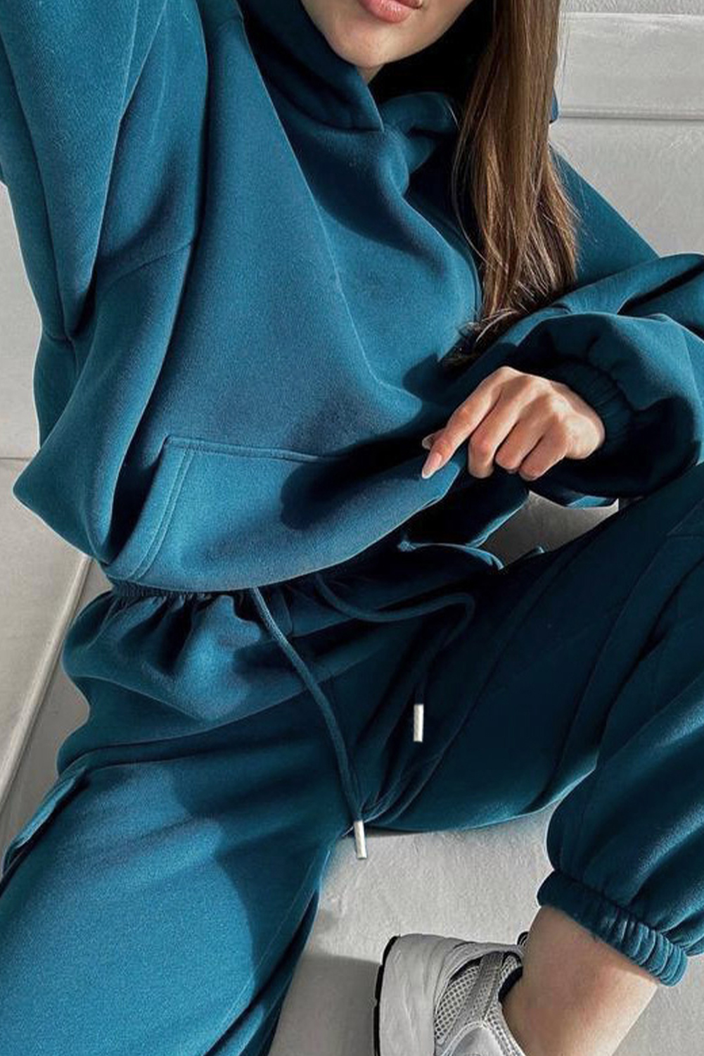 Peacock Blue Cozy Hooded Sweatshirt Drawstring Elastic Waistband Cargo Pant Set - loveforevers
