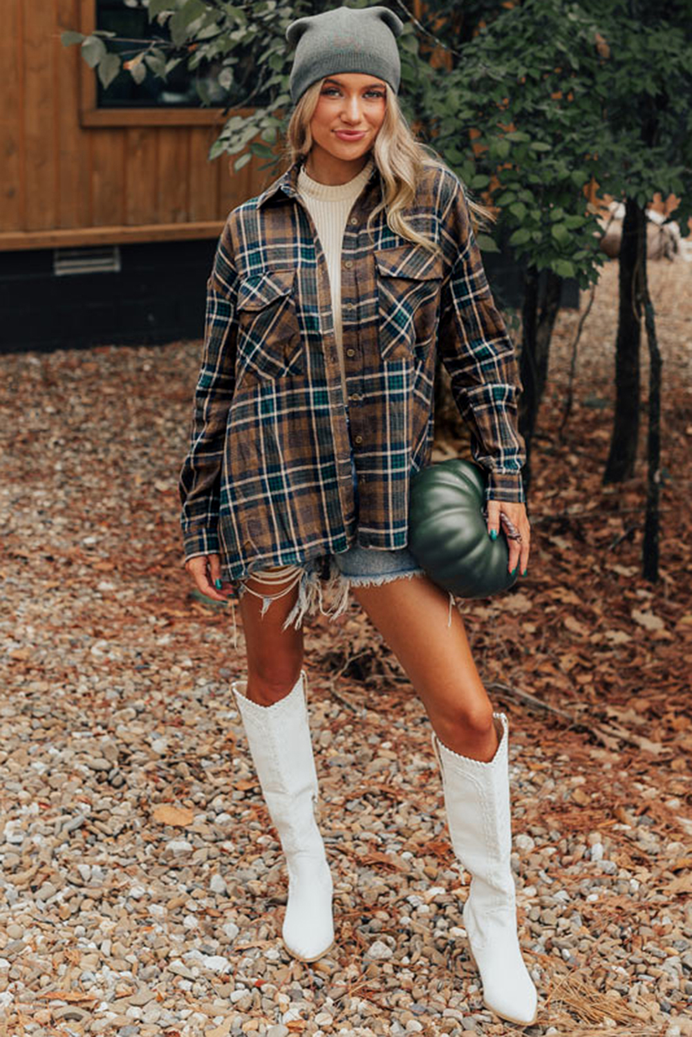Brown Plaid Print Chest Pockets Buttoned Shirt Jacket - loveforevers