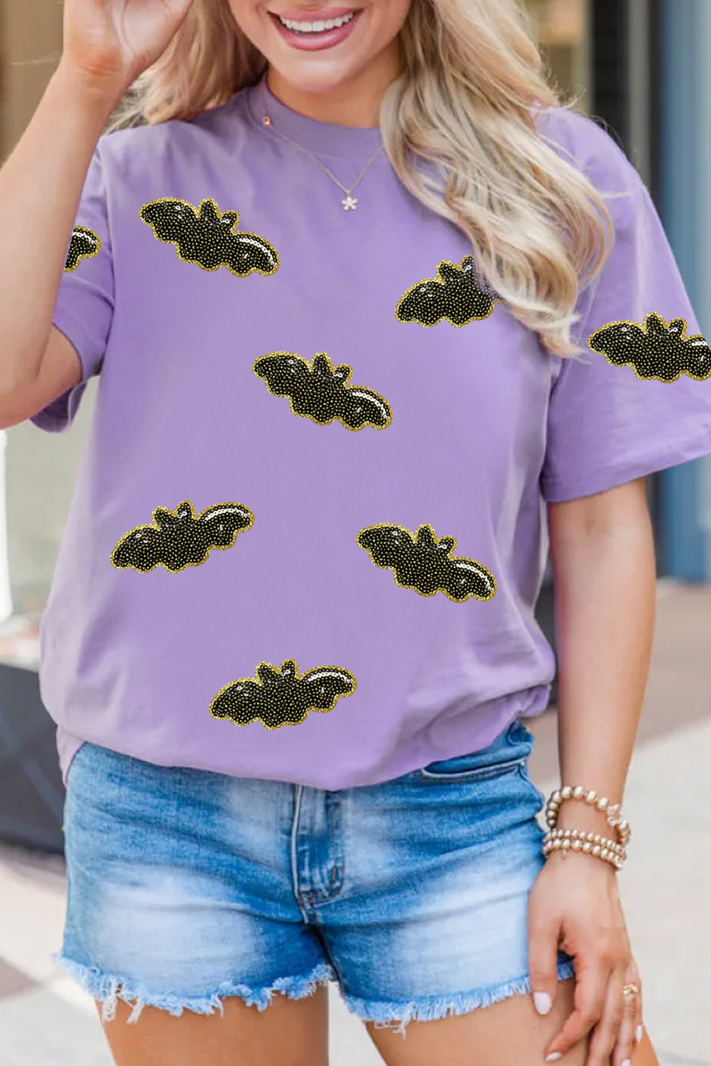Wisteria Sequin Halloween Bat Patched Casual T Shirt - loveforevers