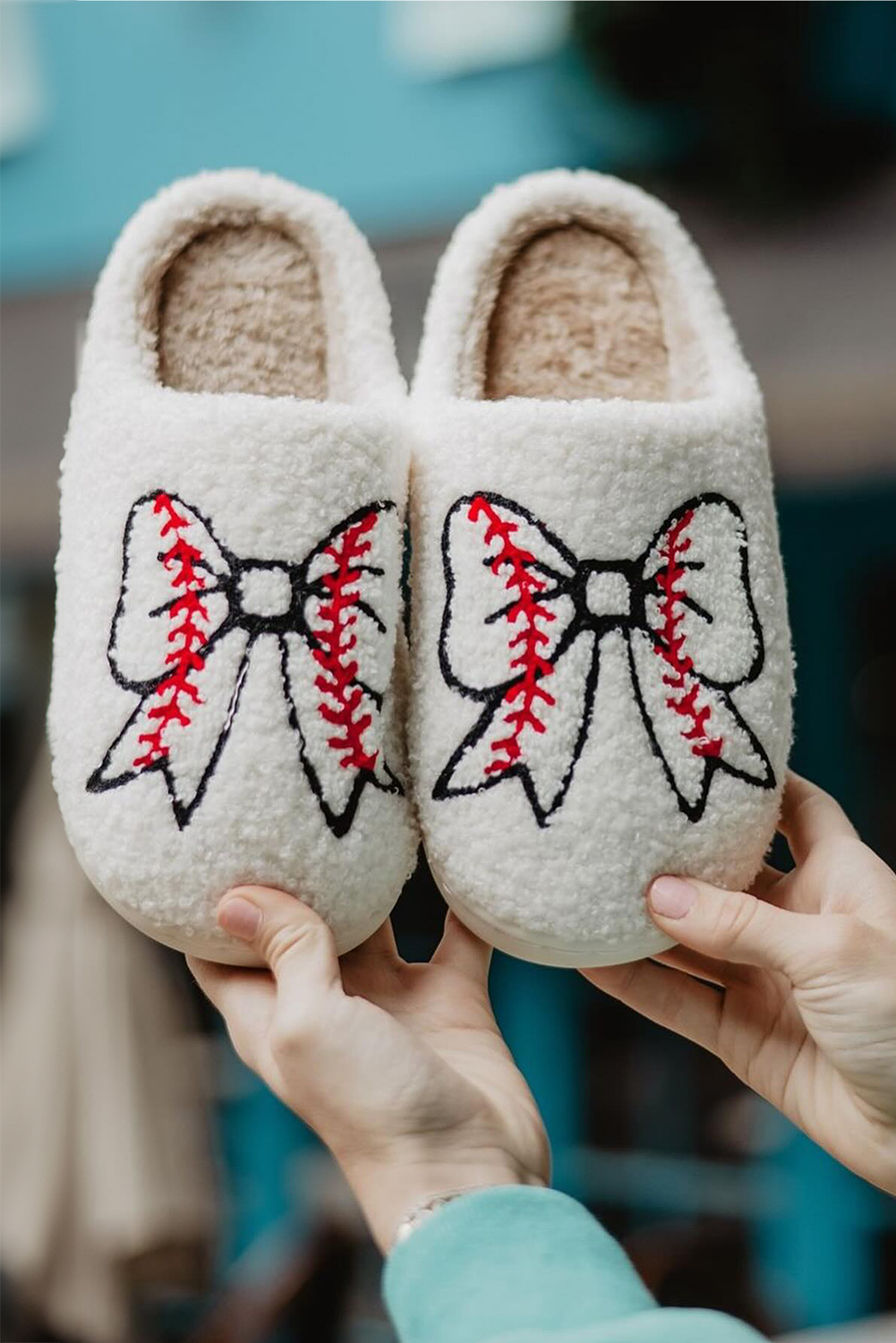 White Bow Knot Rugby Pattern Plush Warm Slippers - loveforevers