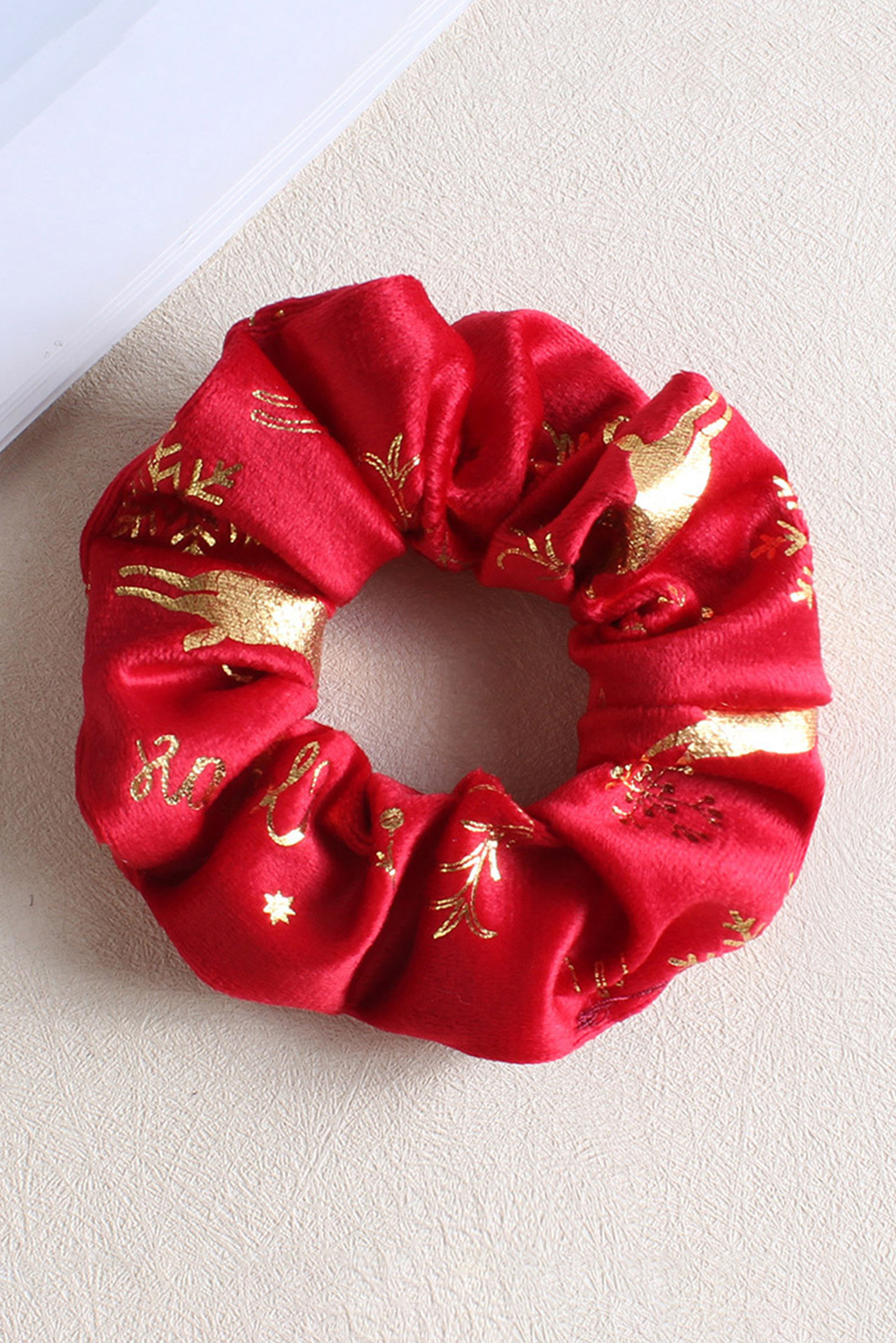 Fiery Red Shimmer Christmas Snowflake Reindeer Print Scrunchie Hair Tie - loveforevers