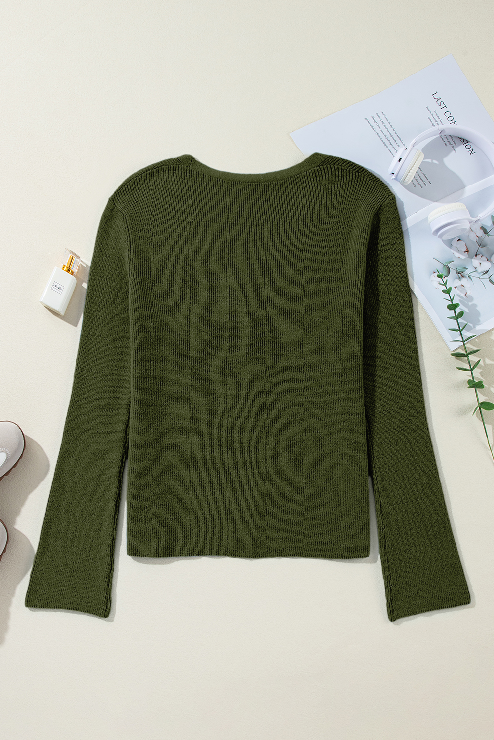Moss Green Lightweight Ribbed Knit Button Front V Neck Cardigan - loveforevers