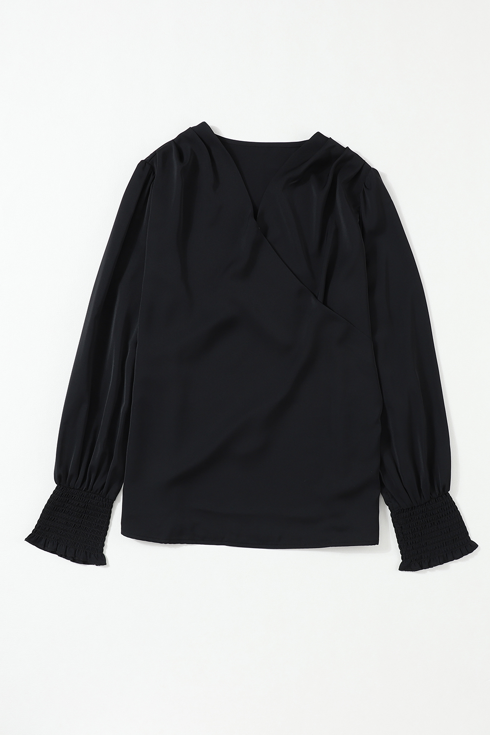 Black Solid Surplice Neck Shirred Cuffs Draped Blouse - loveforevers