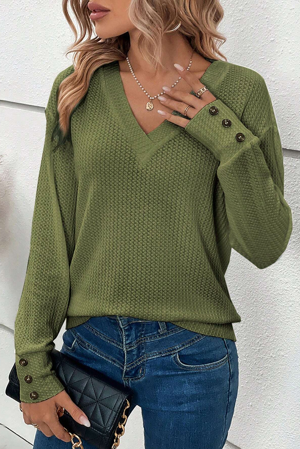 Jungle Green Textured Knit V Neck Button Cuffs Long Sleeve Top - loveforevers