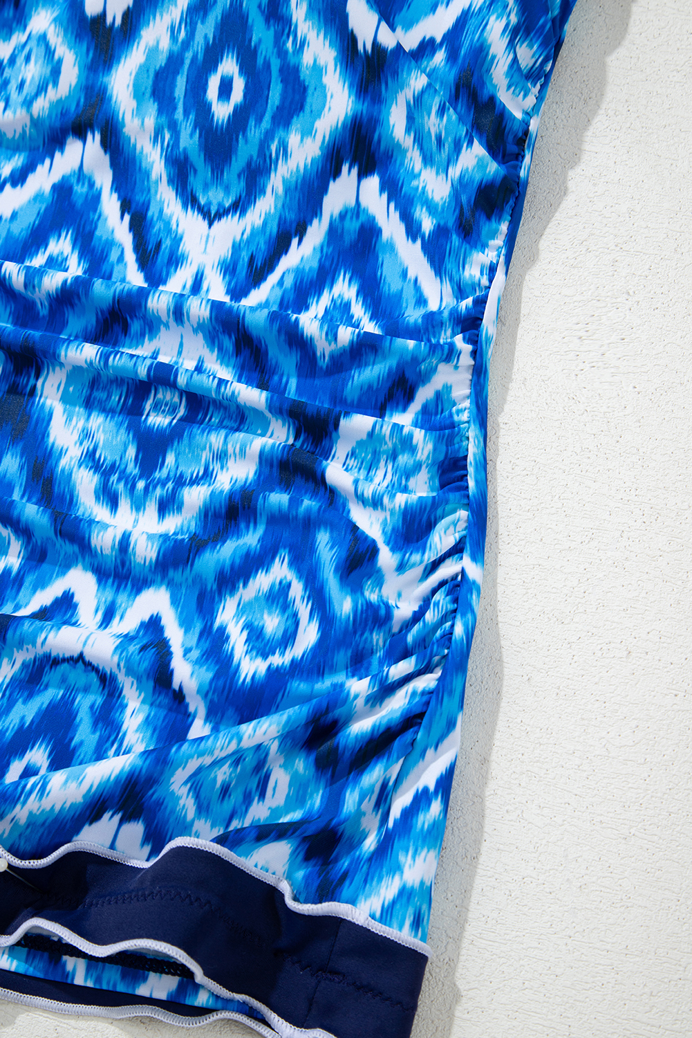 Navy Blue Abstract Print Frilled Trim Spaghetti Straps Tankini Set - loveforevers