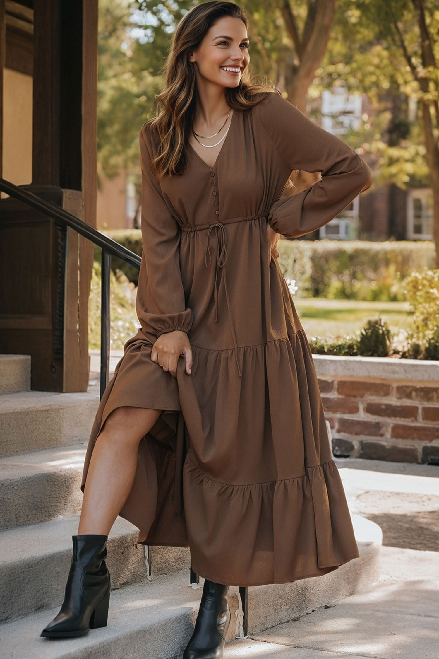 Blackish Green Solid Long Sleeve Button V Neck Tiered Maxi Dress - loveforevers