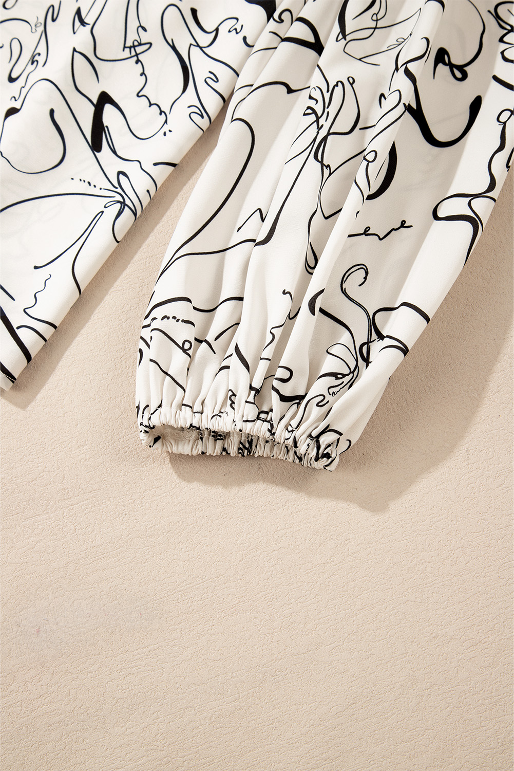 Beige Abstract Print Balloon Sleeve Crew Neck Blouse - loveforevers
